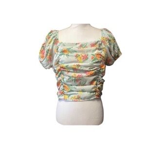 Iky & Me Floral Off The Shoulder Lace Up Back Ruched‎ Crop Top